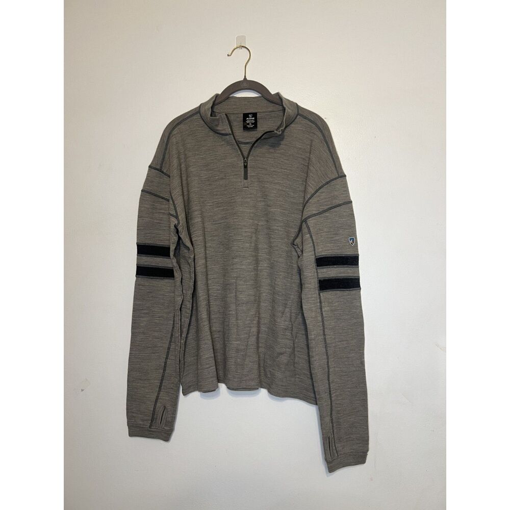 Kuhl Men's Merino Wool Team 1/4 Zip Grey Pullover Sweater XL Hiking Baselayer